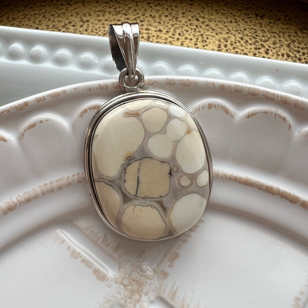 Vintage Sterling Silver Large Oval Stone Pendant Cabochon - Picture 4 of 9